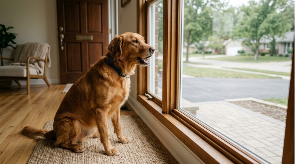 Short alt text: **Dog barking near a closed door while left alone**