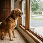 Short alt text: **Dog barking near a closed door while left alone**