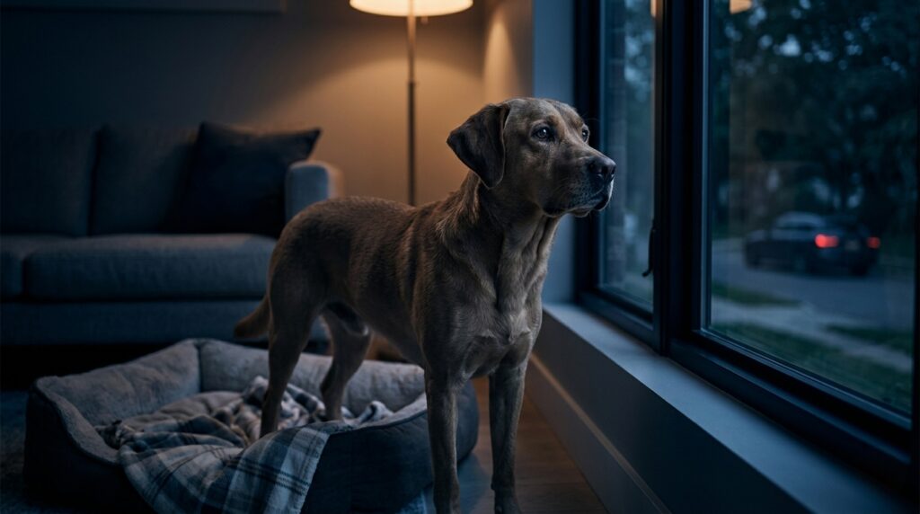 Dog standing alert near a window at night reacting to outside sounds