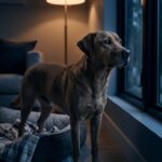 Dog standing alert near a window at night reacting to outside sounds