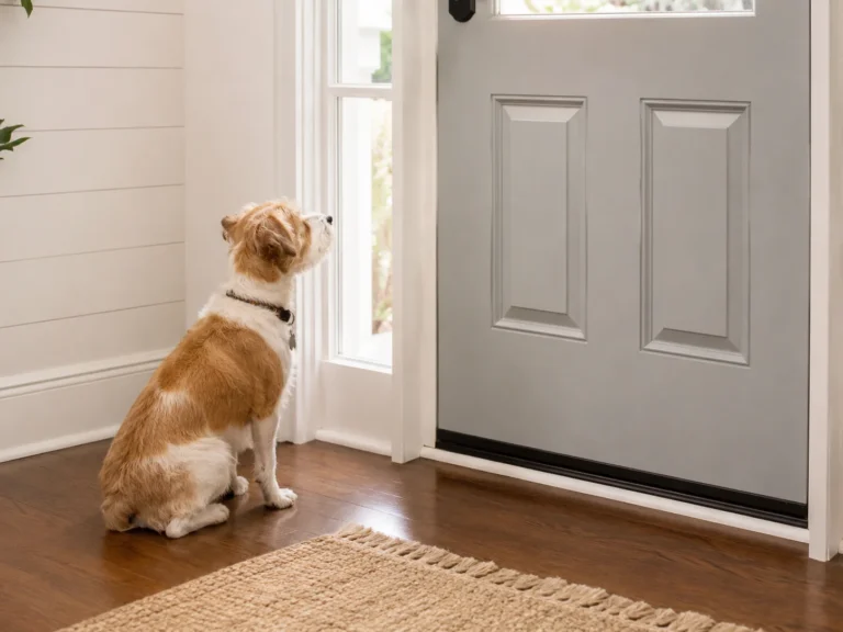 Dog waiting calmly on a mat away from the front door