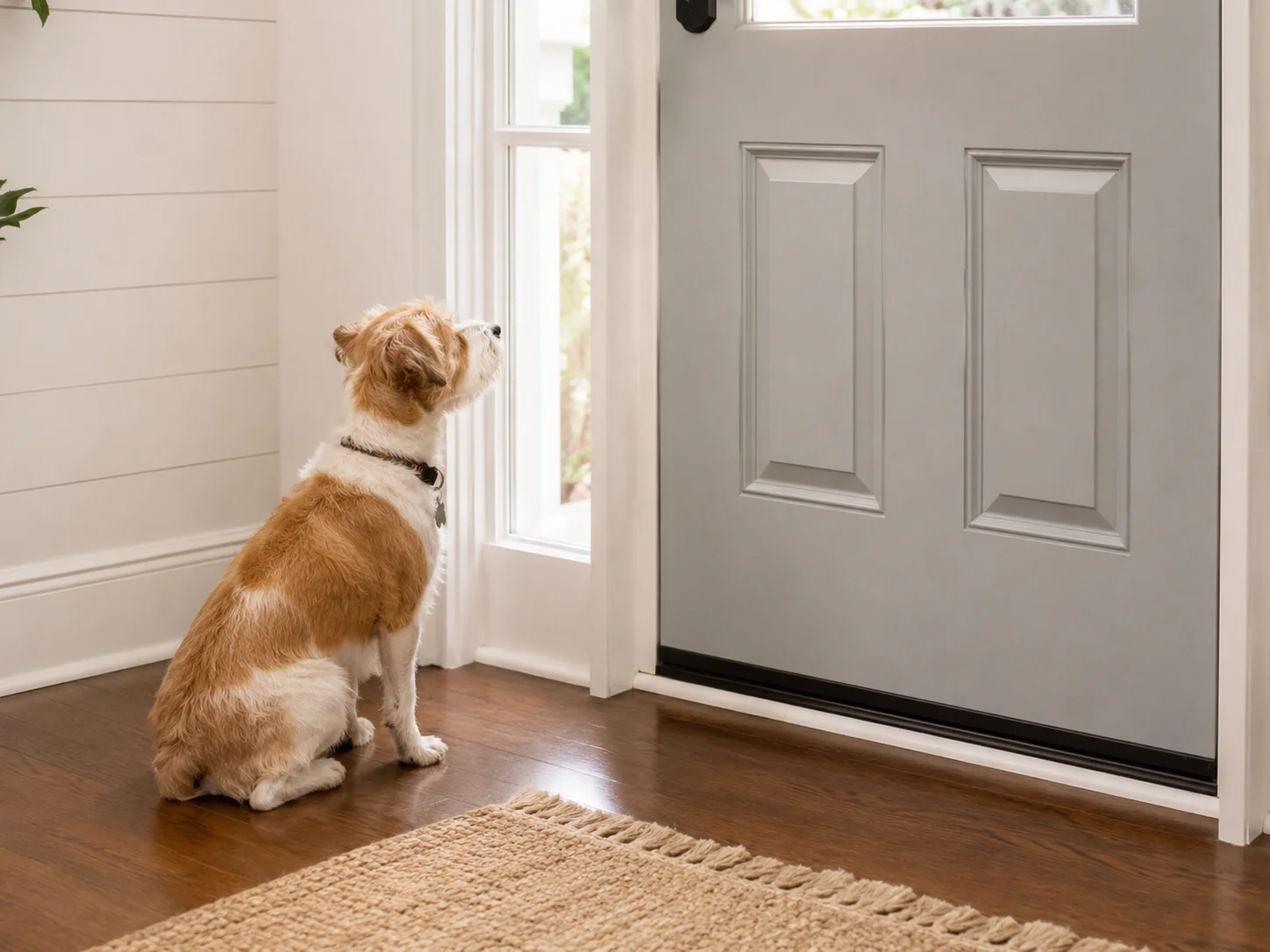 Dog waiting calmly on a mat away from the front door