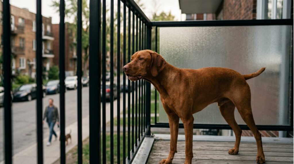 Dog barking at a neighbor near a window, showing a common dog behavior trigger at home.