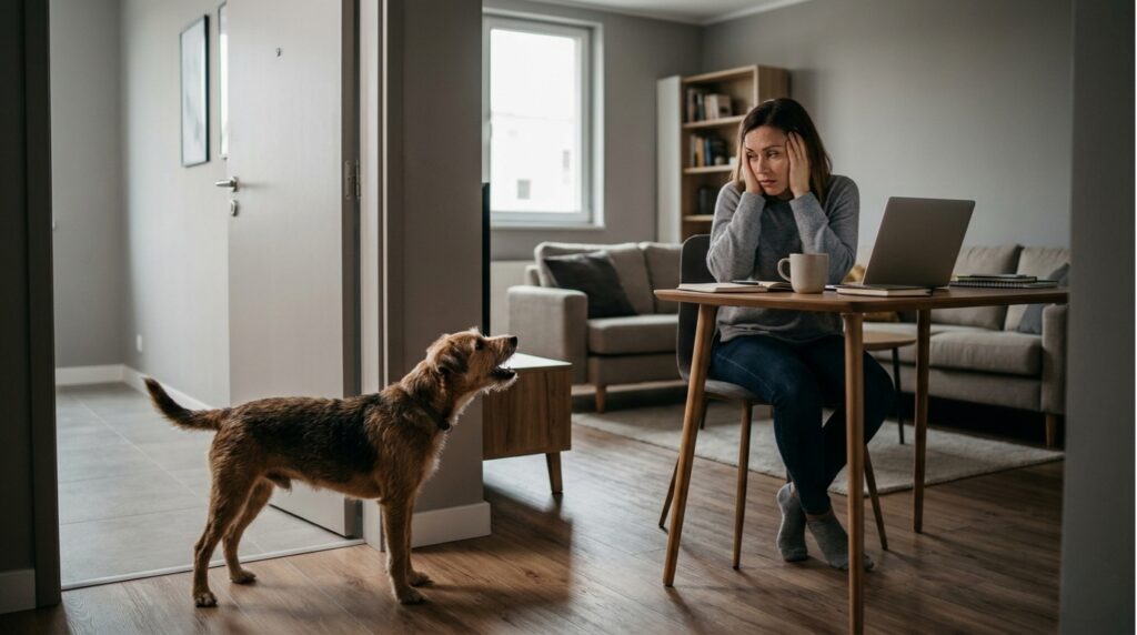 Tired dog owner sitting in a dim home while an alert dog barks nearby, showing the stress and overwhelm caused by repeated dog barking.