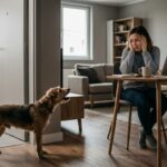 Tired dog owner sitting in a dim home while an alert dog barks nearby, showing the stress and overwhelm caused by repeated dog barking.