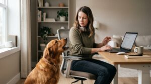 Dog barking for attention while owner works on a laptop at home.