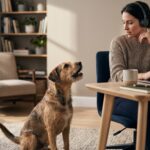 Dog barking near a busy owner at a laptop.
