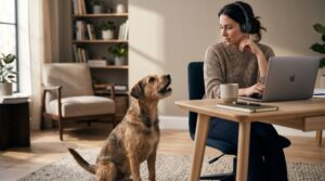 Dog barking near a busy owner at a laptop.