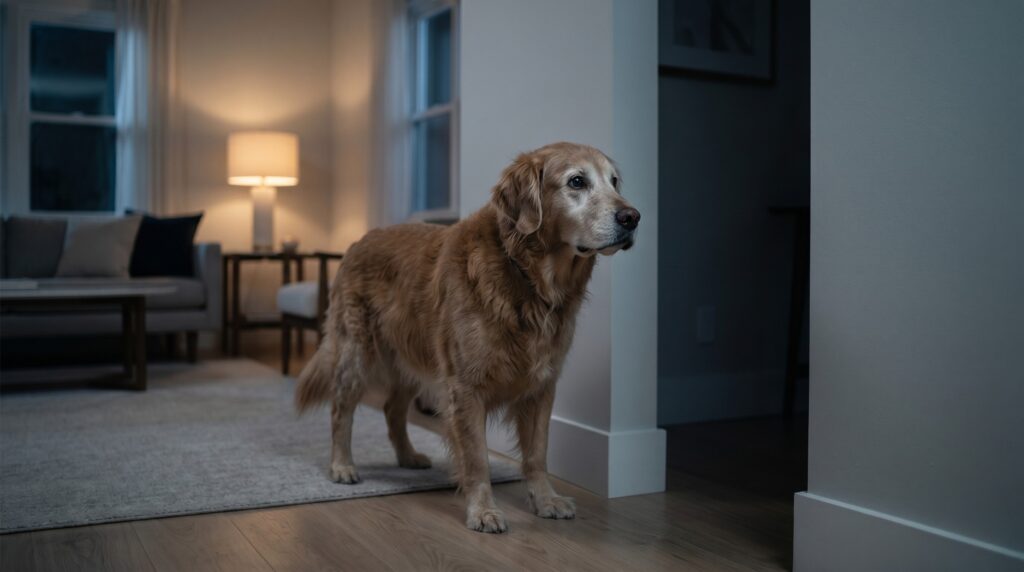 Senior dog barking at night in a quiet home.