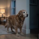 Senior dog barking at night in a quiet home.