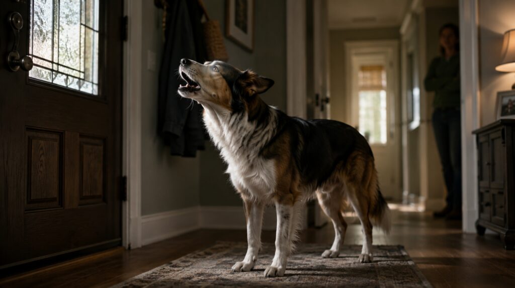 Dog barking indoors toward a doorway.