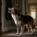Dog barking indoors toward a doorway.