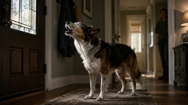 Dog barking indoors toward a doorway.