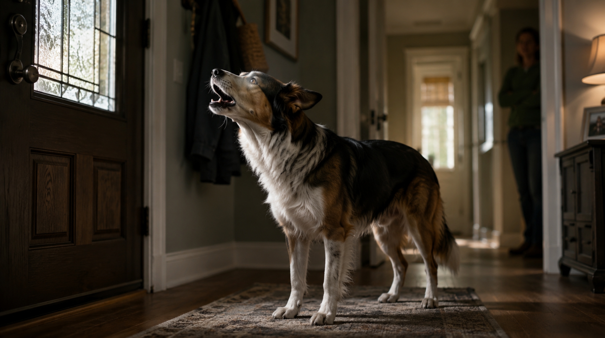 Dog barking indoors toward a doorway.
