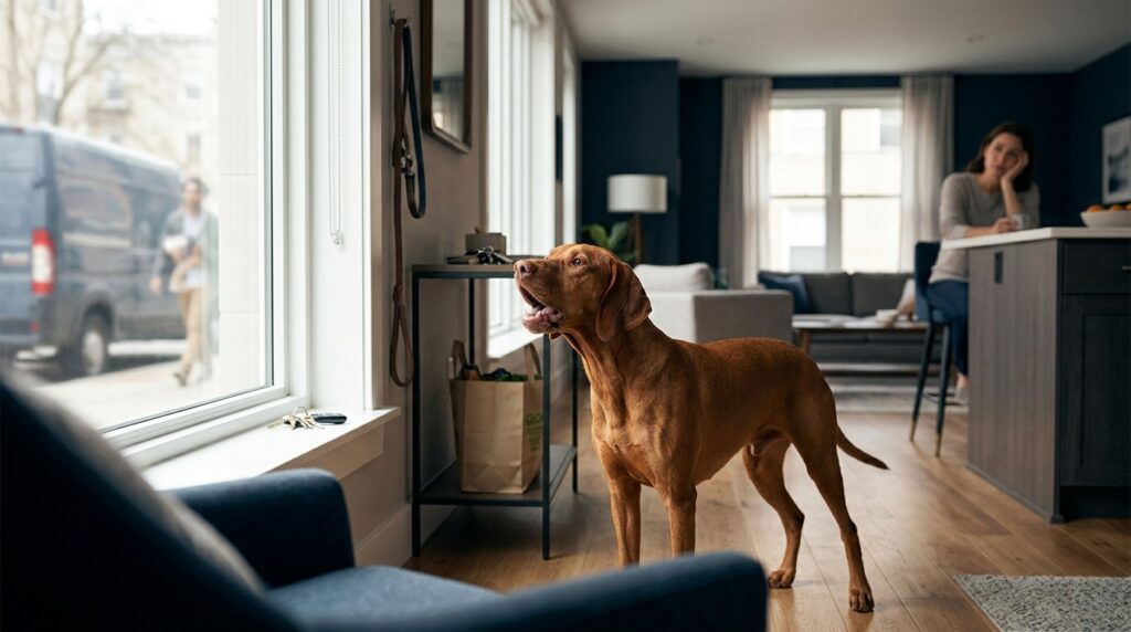 Dog barking near a window at home, showing common reasons behind constant dog barking and owner stress.
