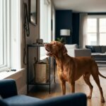 Dog barking near a window at home, showing common reasons behind constant dog barking and owner stress.