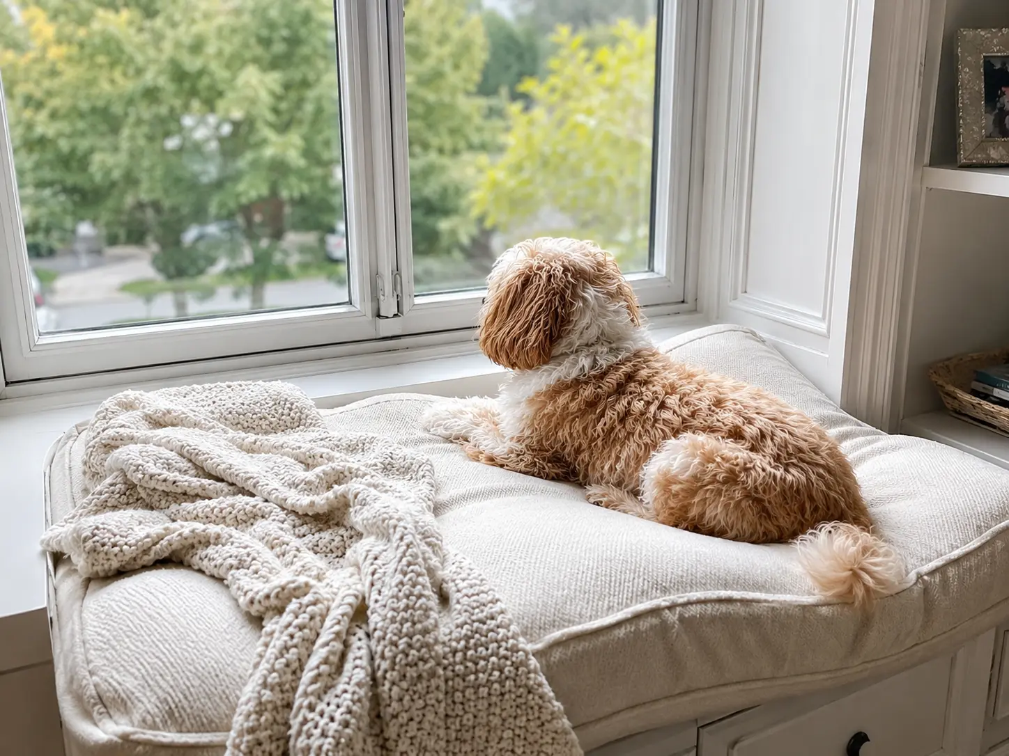 Dog resting near a window covered with privacy film to reduce outside visual triggers