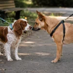 Dog and owner creating distance from another dog during a calm leash walk