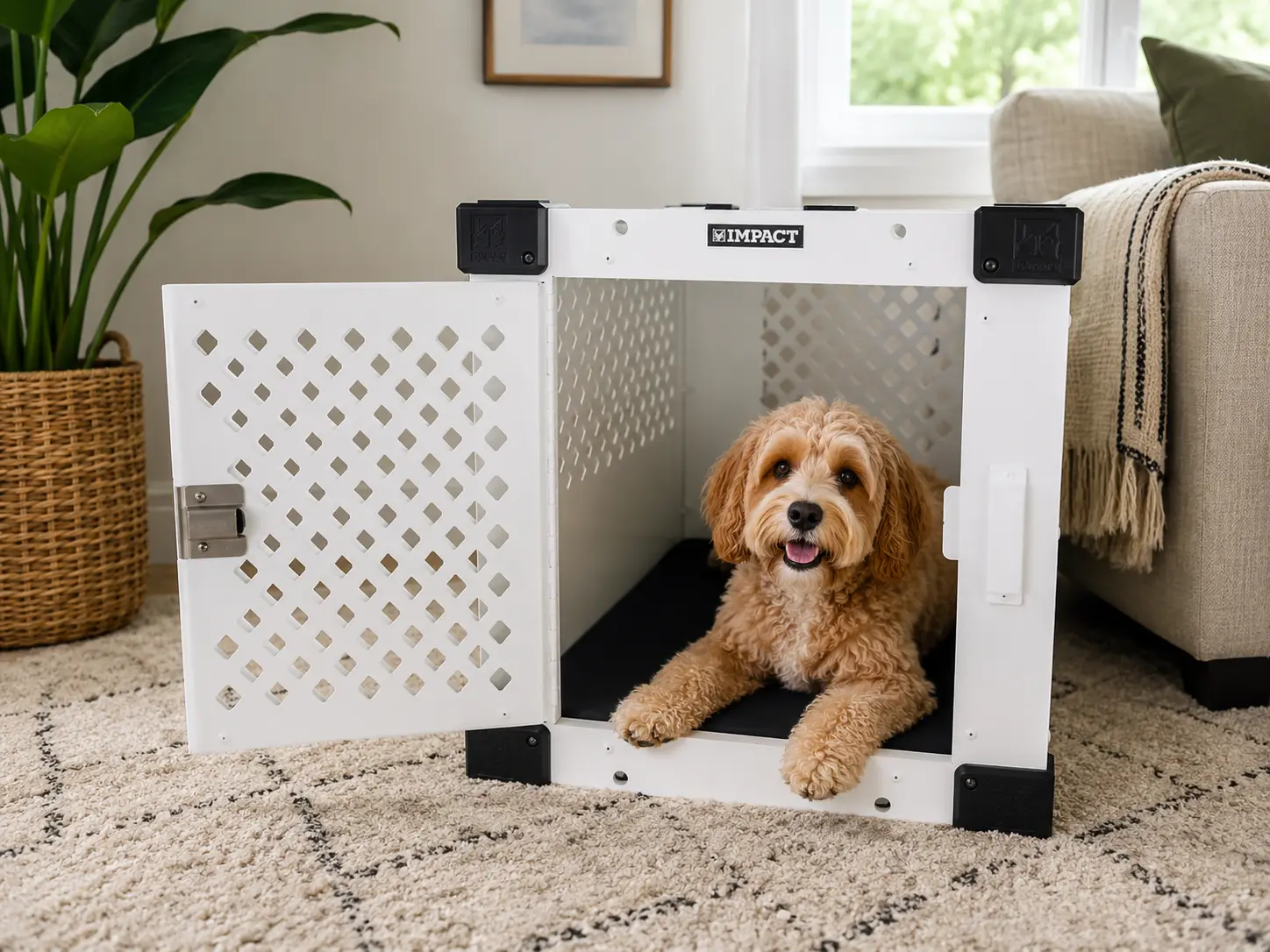Puppy resting calmly in an open crate during a daytime training session